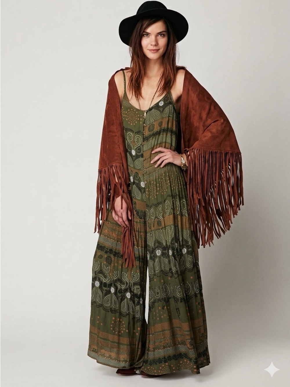 Free People Dreamweaver Olive Printed Wide Leg Jumpsuit XS